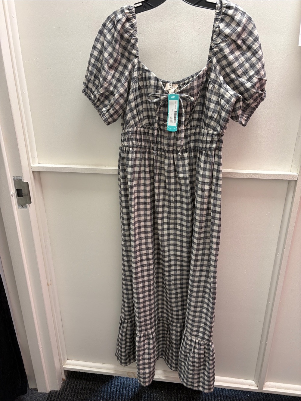 Black & White Plaid Puff-Sleeve Maxi Dress - NWT